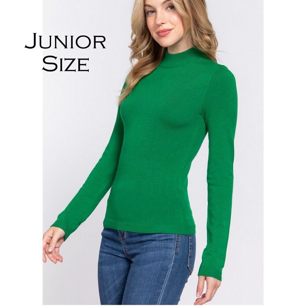 Juniors Active Basic USA Long Sleeve Mock Neck Basic Stretch Sweater in Green